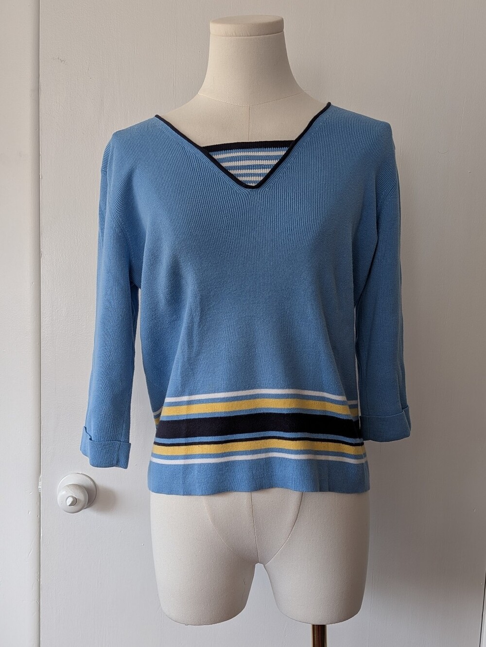 Liz Claiborne Light Blue V-Neck Cotton Sweater with Striped Hem - Size Petite M